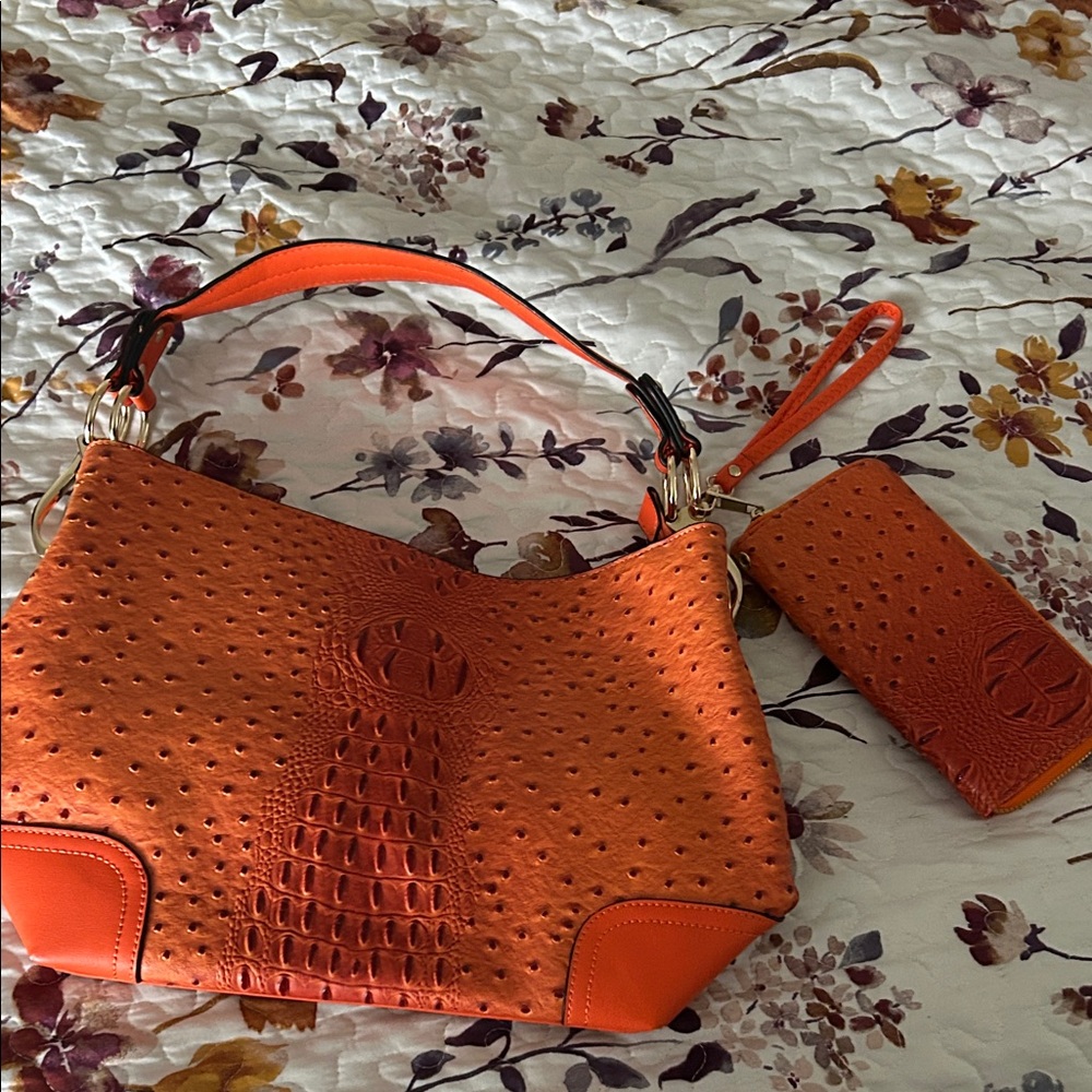 Orange Textured Women's Handbag and Wallet Set